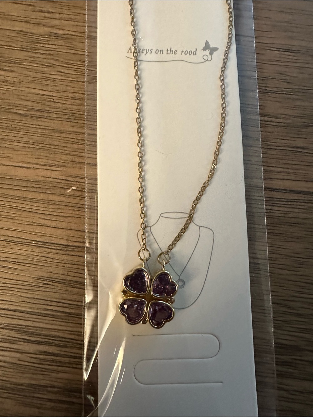 Gold-Tone Purple Heart Clover Pendant Necklace - Unbranded